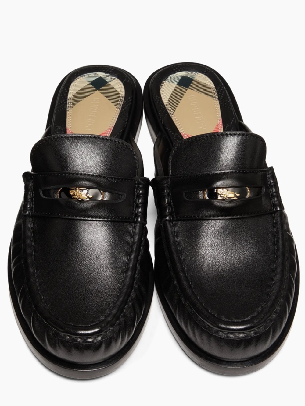 Burberry Black Leather Penny Mule Loafers with Gold Accent